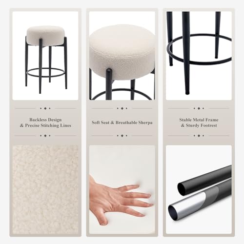 COLAMY Set of 2 Modern 24 Cream Bar Stools with Soft Padded Boucle Seat and Metal Base