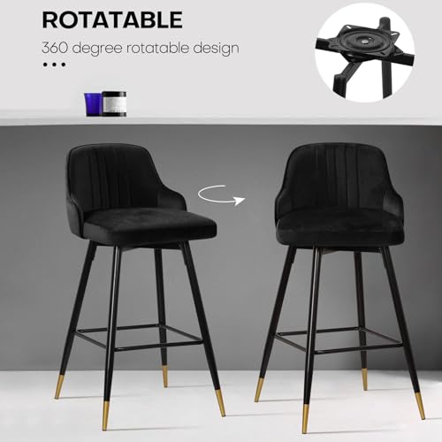 Set of 4 Swivel Bar Stools, 25.6 Seat Height, Modern Velvet Upholstered Chairs for Kitchen Counter 35-38, Black