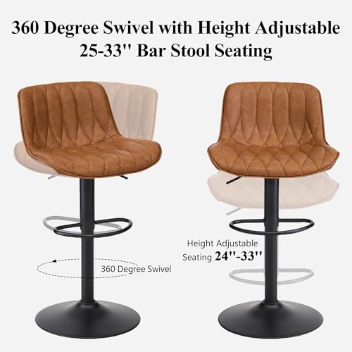 Set of 3 Adjustable Brown Swivel Bar Stools with Back for Kitchen Island