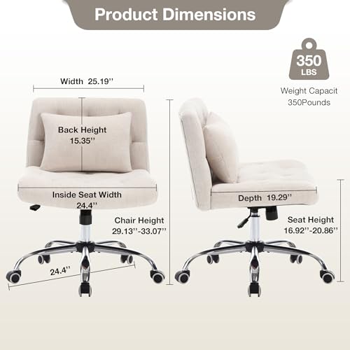 Armless Wide Seat Office Chair with Wheels and Lumbar Pillow for Women and Girls