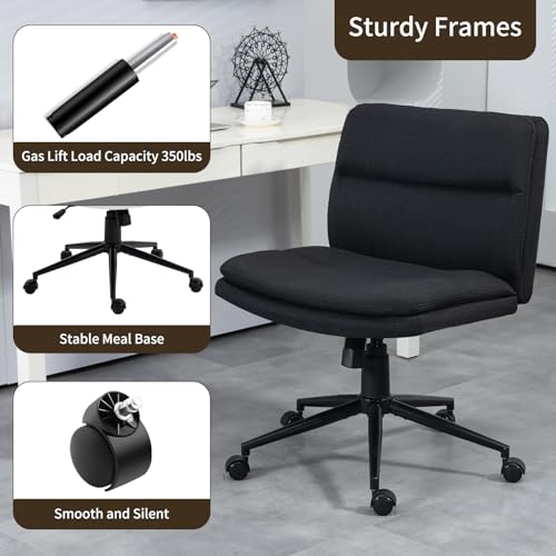 Armless Adjustable Office Chair with Wheels and Swivel, Black Fabric