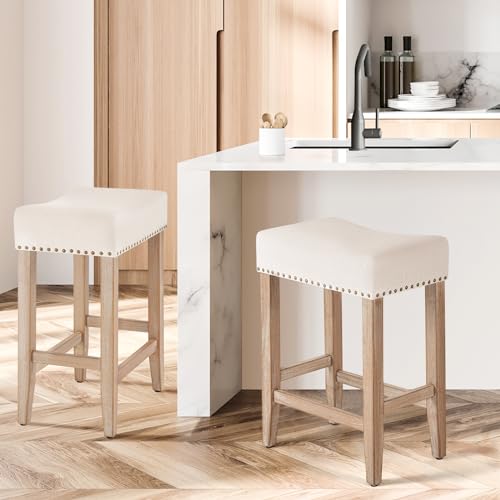 Kitchen Bar Stools Set of 2, Counter Height with Wooden Legs, Beige