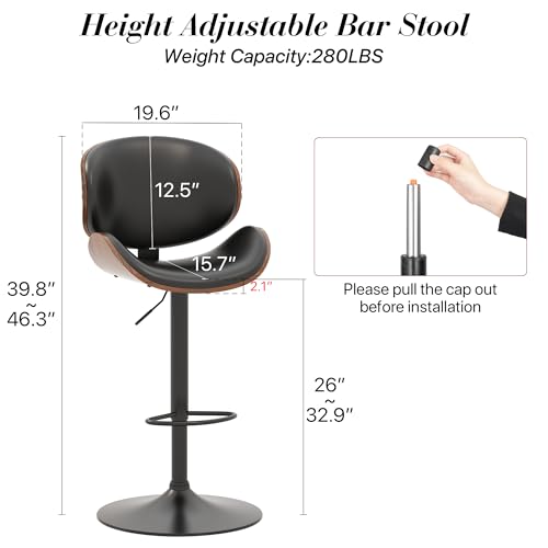 KCC Set of 2 Adjustable Swivel Bar Stools with PU Leather and Footrest - Black