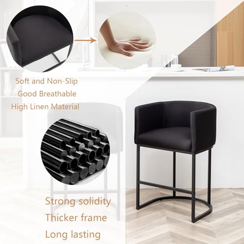 Set of 2 Modern Barrel Counter Height Bar Stools with Back – Black Metal Frames and Upholstered Seats for Kitchen Island, Pub, Club