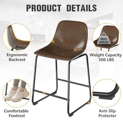 Brown Counter Height Bar Stools Set of 2, Metal Legs, 500 lbs Capacity