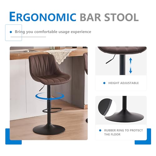 YOUNIKE Set of 2 Adjustable Swivel Bar Stools with Back, Faux Leather, 300LBS Support, Brown