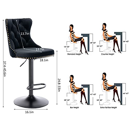 Aoowow Adjustable Velvet Bar Stools Set of 2 with Back for Kitchen Island or Pub (Black)