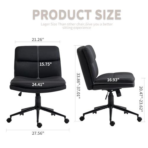 Armless Adjustable Office Chair with Wheels and Swivel, Black Fabric