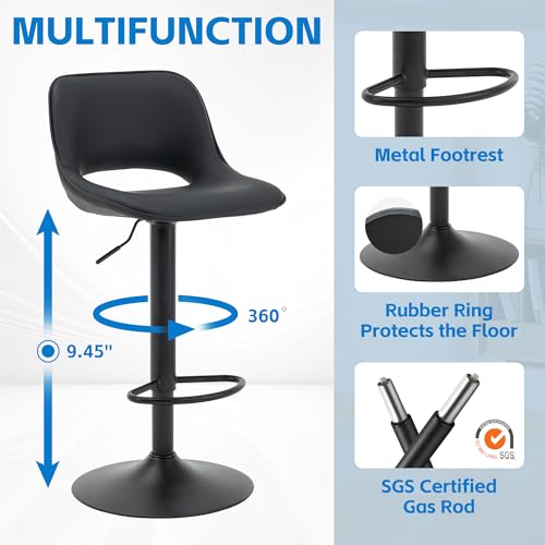 YOUNIKE Set of 2 Black Modern Swivel Bar Stools - Adjustable Faux Leather Counter Stools for Kitchen Island