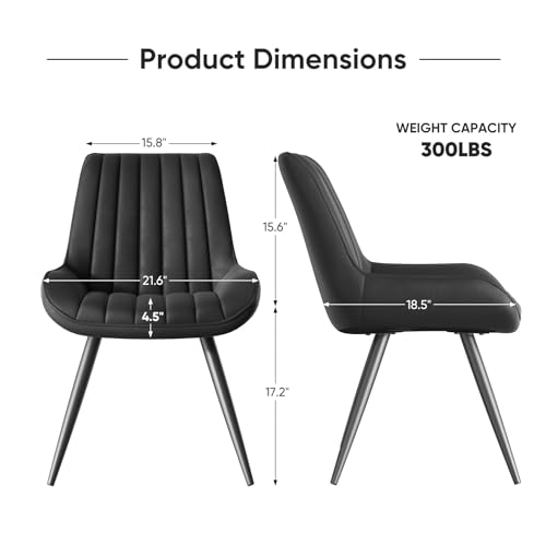 Set of 2 Modern Comfortable Dining Chairs with Cushions and Metal Legs, Black