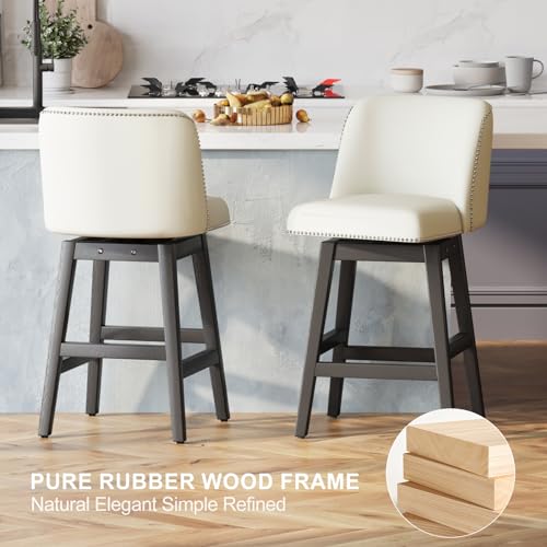 Set of 4 White 26'' Counter Height Swivel Bar Stools with Backs and Faux Leather Seats for Kitchen and Dining