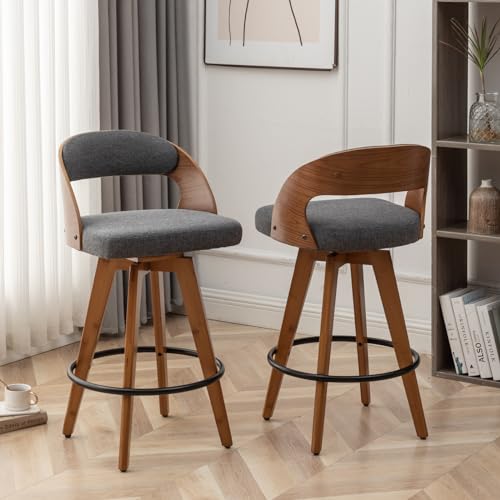 Set of 2 Modern Swivel Barstools with Wood Back and Bamboo Legs for Kitchen Island (26.8 Inch, Dark Gray)