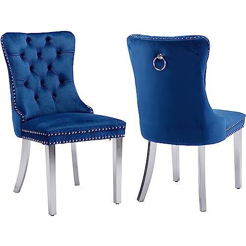 Chrome Legged Blue Velvet Tufted Dining Chair Set