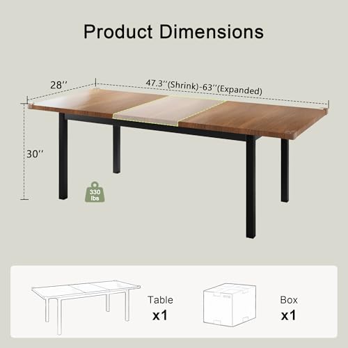 Feonase 63 Extendable Modern Farmhouse Dining Table for 4-8 - Walnut Wood for Small Spaces