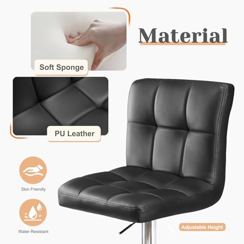 Sweetcripy Set of 2 Adjustable PU Leather Bar Stools, Armless Hydraulic Kitchen Counter Height, Black