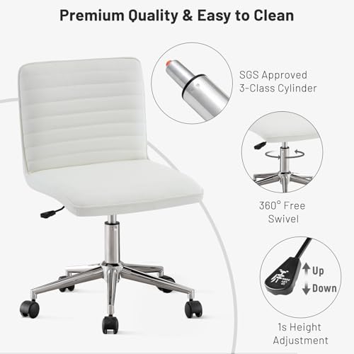 Furniliving Ivory White PU Leather Adjustable Desk Chair with Swivel Wheels