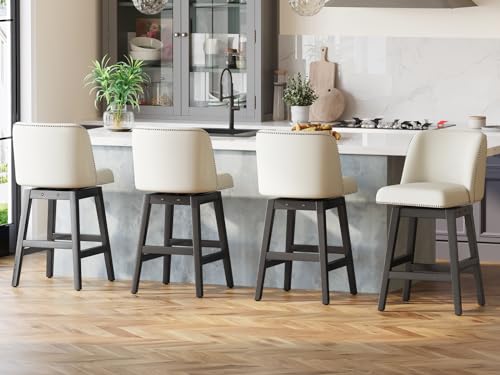 Set of 4 White 26'' Counter Height Swivel Bar Stools with Backs and Faux Leather Seats for Kitchen and Dining