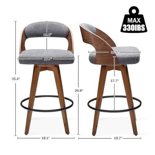 Set of 2 Modern Swivel Barstools with Wood Back and Bamboo Legs for Kitchen Island (26.8 Inch, Dark Gray)