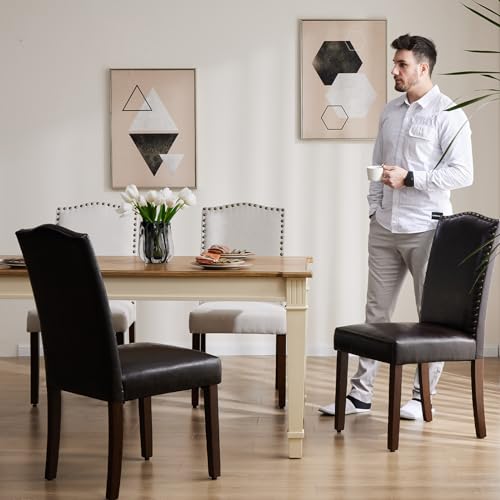 Mid-Century Modern Brown Upholstered Dining Chairs Set of 4 with Nailhead Trim