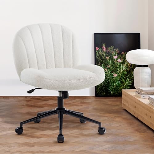 Ergonomic Armless Desk Chair with Wheels, Height Adjustable Fabric Padded Seat for Home and Bedroom (White)