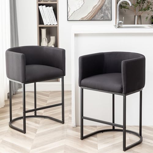 Set of 2 Modern Barrel Counter Height Bar Stools with Back – Black Metal Frames and Upholstered Seats for Kitchen Island, Pub, Club