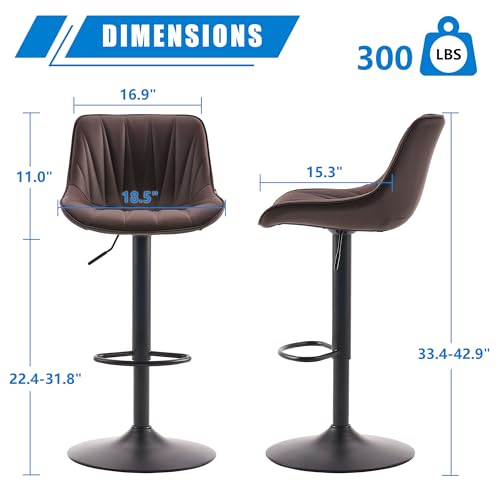 YOUNIKE Set of 2 Adjustable Swivel Bar Stools with Back, Faux Leather, 300LBS Support, Brown