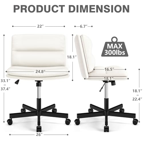 TVON Ergonomic Armless Office Chair with Wheels, Thick Cushion, Height Adjustment, and Rocking Function