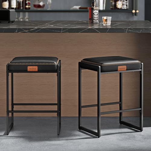 WKGZ INVESTCO EKHO Collection - Set of 2 Mid-Century Modern Counter Height Bar Stools, 26-Inch, Ink Black Synthetic Leather
