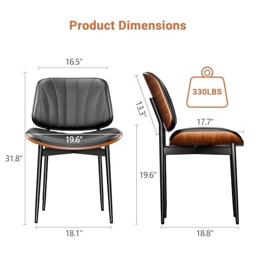 Mid Century Modern Walnut Leg Dining Chairs - Black PU Leather Set of 2