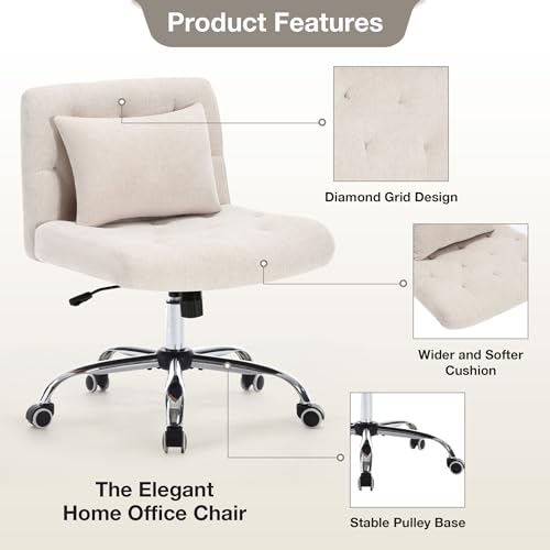 Armless Wide Seat Office Chair with Wheels and Lumbar Pillow for Women and Girls