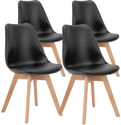 Mid-Century Modern Dining Chairs Set of 4 in Black PU Leather for Home or Outdoor Use
