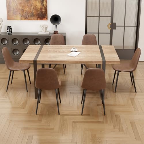 Modern 6-Person Dining Set: 71" Wood Table & Fabric Chairs