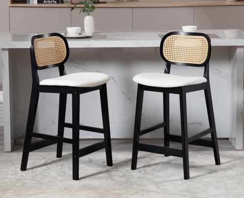 2-Pack Rattan Back Counter Height Bar Stools for Farmhouse Kitchen Island, Beige