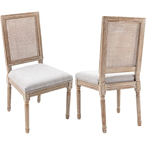 Guyou Set of 2 Upholstered Dining Chairs with Rattan Back, French Country Accent for Kitchen or Living Room (Grey)
