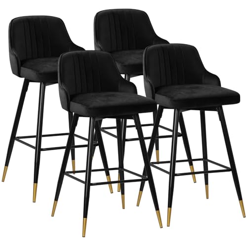 Modern Black Velvet Bar Stools, 4 Pack, 25.6" Seat Height Kitchen Counter Chairs