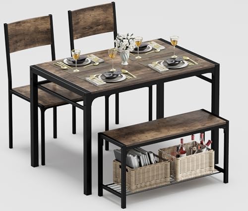 JUMMICO Rustic Brown Modern Dining Set (Table + Bench + 2 Chairs)
