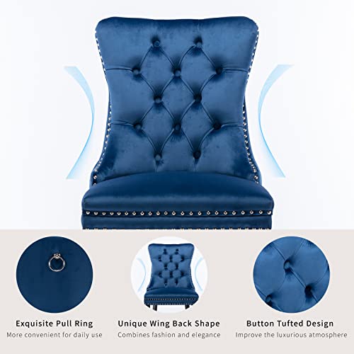 Set of 2 Blue Velvet Tufted Dining Chairs with Chrome Legs