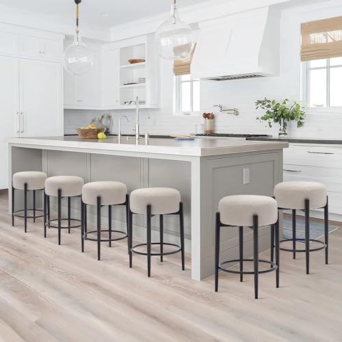 COLAMY Set of 2 Modern 24 Cream Bar Stools with Soft Padded Boucle Seat and Metal Base