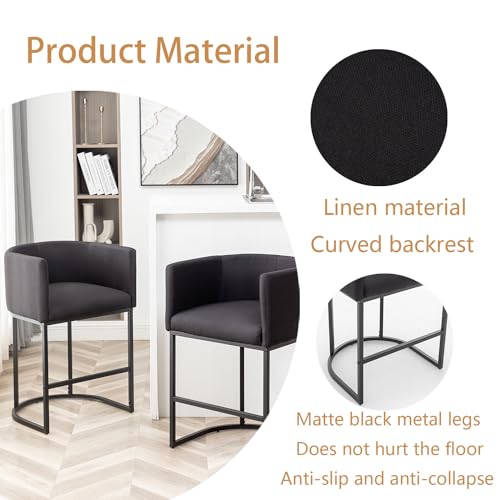Set of 2 Modern Barrel Counter Height Bar Stools with Back – Black Metal Frames and Upholstered Seats for Kitchen Island, Pub, Club