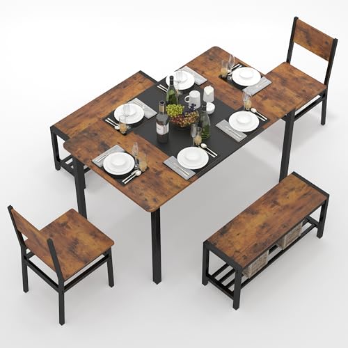 Rustic Brown Industrial Dining Table Set for 4-6 People with Storage