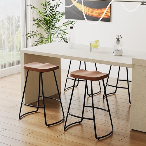 Alunaune Set of 4 Backless Metal Saddle Seat Bar Stools - Brown
