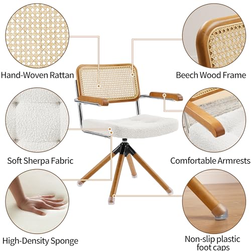 Mid Century Modern Rattan Swivel desk Chair for Home Office or Living Room