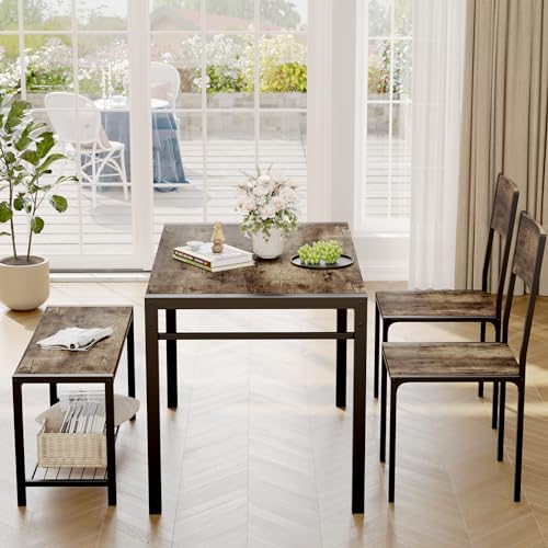 JUMMICO Rustic Brown Modern Dining Set (Table + Bench + 2 Chairs)