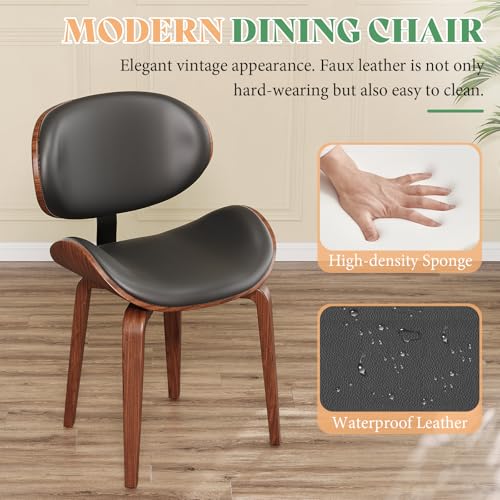 Mid-Century Modern Faux Leather Dining Chairs Set of 4 with Walnut Back and Adjustable Legs - Black