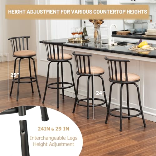 Adjustable Bar Stool Set of 2 with Backs and Footrest, Swivel Armless Design for Kitchen Island, 24/29 Inch, Brown