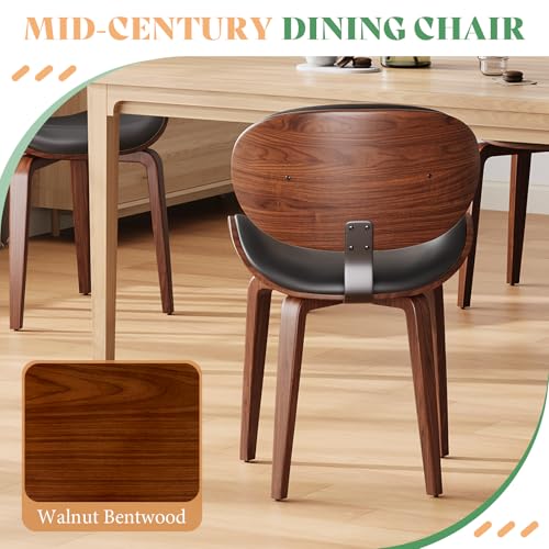 Mid-Century Modern Faux Leather Dining Chairs Set of 4 with Walnut Back and Adjustable Legs - Black