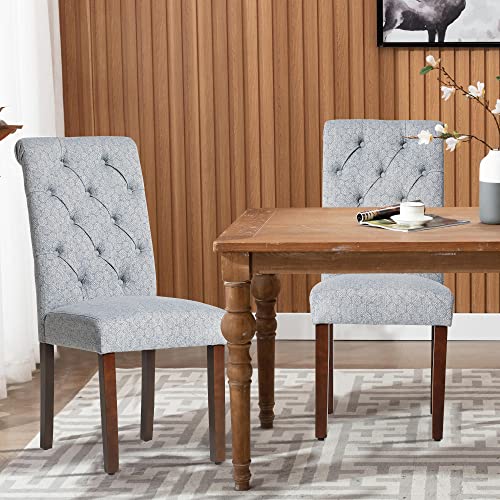 Set of 2 Blue Fabric Dining Chairs with Button Tufted Design for Kitchen or Dining Room