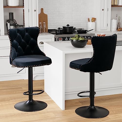 Aoowow Adjustable Velvet Bar Stools Set of 2 with Back for Kitchen Island or Pub (Black)