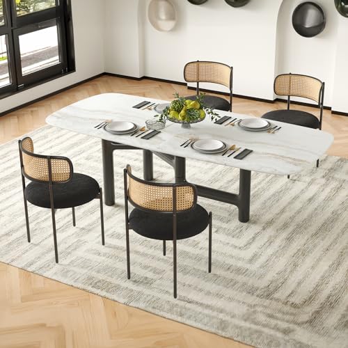 Set of 4 Farini Modern Upholstered Dining Chairs with Rattan Back and Metal Legs - Black