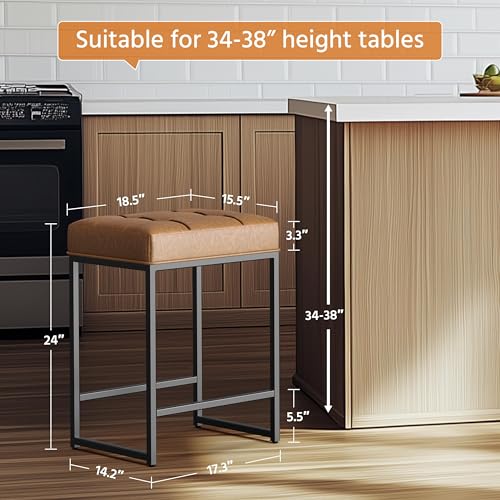 Yaheetech Set of 2 Backless 24-Inch Faux Leather Bar Stools for Kitchen Island, Brown